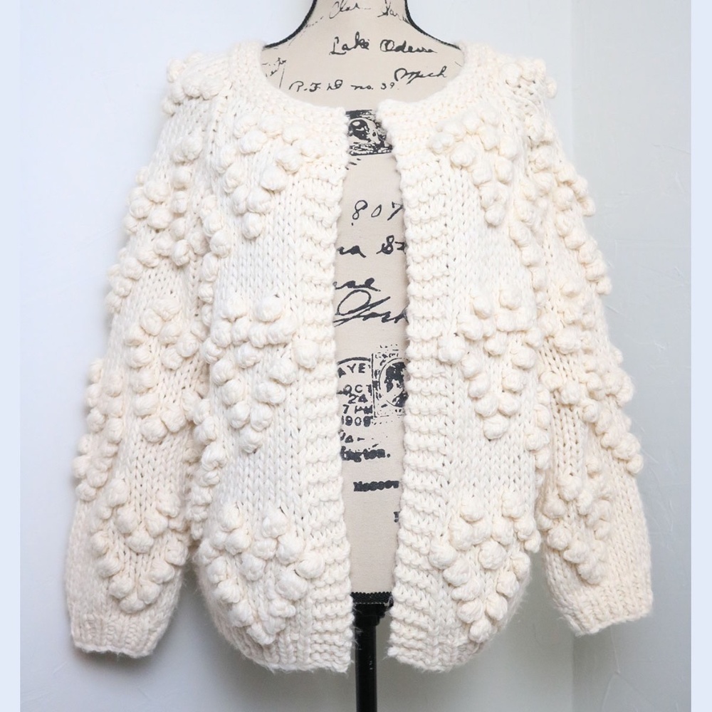 Chicwish Women's Size Large Ivory Wool Blend Pom Pom Open Cardigan Sweater